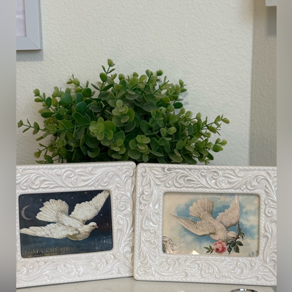 The Westen Gallery white embossed ceramic frames (pair)- dove artwork .